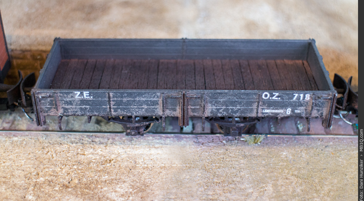 3D geprinteter Z.E. Niederbordwagen O.Z. 718 von Shapeways, Massstab 1:45, Spur 0e
