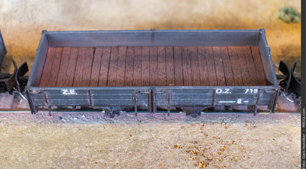 3D geprinteter Z.E. Niederbordwagen O.Z. 719 von Shapeways, Massstab 1:45, Spur 0e
